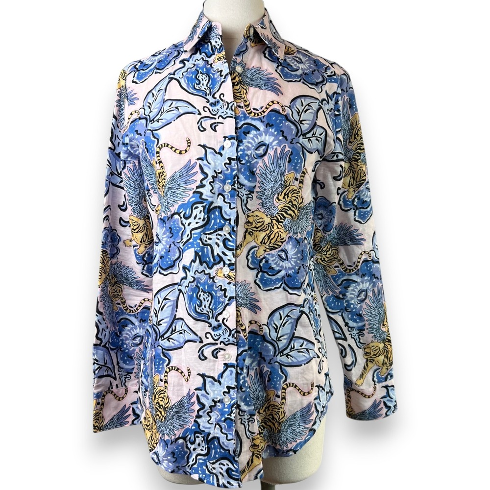 Las Surenas Winged Tiger Floral Linen Button Down Shirt Blue Pink Yellow Small